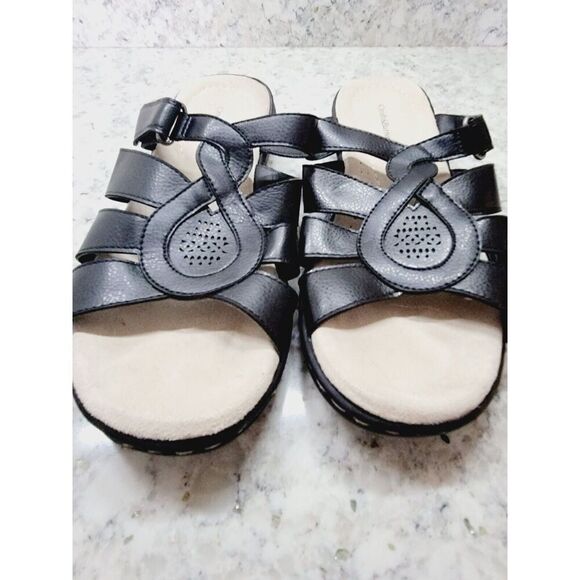Croft & Barrow Size 7 Dwelling BLACK Strappy SLIDE SANDALS Leather *Defect* - Picture 2 of 9